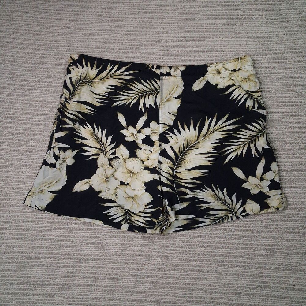 ORIGINAL ISLAND SPORT SWIM SHORTS MENS L BLACK TROPICAL HIBISCUS PALM TREE NYLO